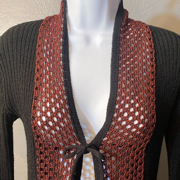 SAPPHIRE Black and Rust Long Sleeve Tie Front Bell Sleeve Cardigan - Picture 2 of 16